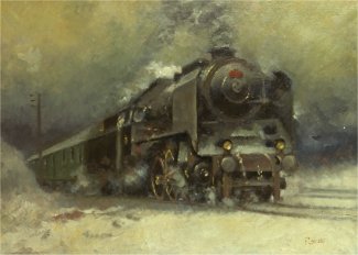 Bild Gemälde Jaroslav Ronek, Dampflokzug in voller Fahrt