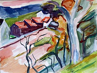 Bild Gemälde - Heymo Bach - Häuser mit roten Dächern und Landschaft