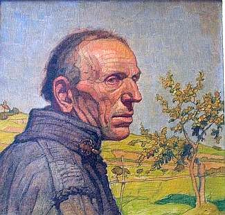 Bild Gemälde - Emil Beithan - Schwälmer Bauer mit Apfelbaum vor dem Schönberg / Röllshausen