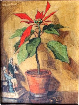 Bild Gemälde - Emil Beithan - Blühender Weihnachtsstern mit Porzellanfigur und Eheringen