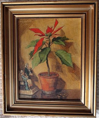 Bild Gemälde - Emil Beithan - Blühender Weihnachtsstern mit Porzellanfigur und Eheringen
