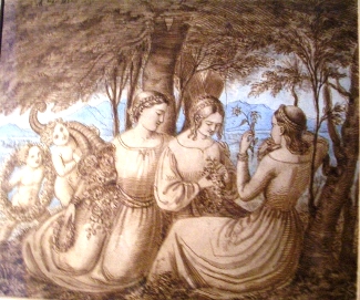 Bild Gemälde - Ludwig Emil Grimm - Drei Mädchen und zwei Putten unter Bäumen und Blumen