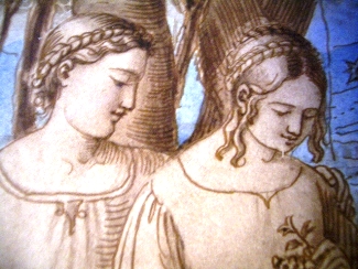 Bild Gemälde - Ludwig Emil Grimm - Drei Mädchen und zwei Putten unter Bäumen und Blumen