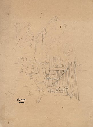 Bild Gemälde - Ludwig Knaus - Gartentor mit Hintergrund - Bleistiftzeichnung