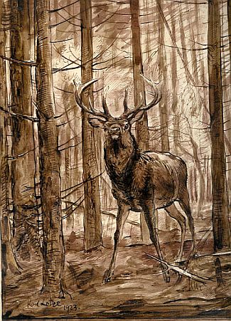 Bild Gemälde - Karl Lotze - Agressiver Hirsch