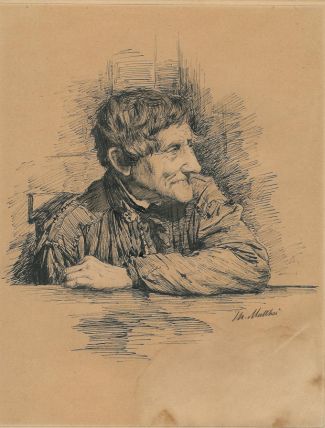 Bild Gemälde - Theodor Matthai - Schwälmer Bauer mit Arbeitskittel am Tisch