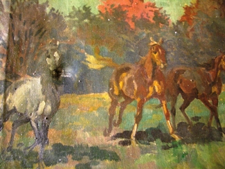 Bild Gemälde - Meyer-Moringen Helen - Drei Braune und zwei Schimmel auf der Burgwiese unterhalb der Sababurg
