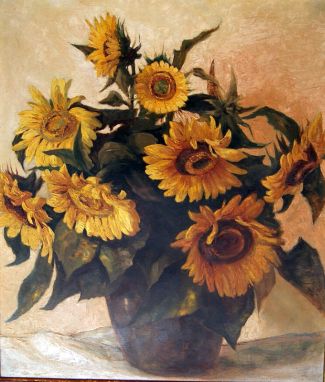 Bild Gemälde - Karl Mons - Sonnenblumenstraß in braunem, hessischen Topf