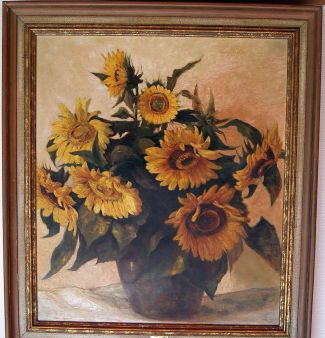 Bild Gemälde - Karl Mons - Sonnenblumenstraß in braunem, hessischen Topf