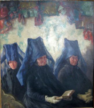 Bild Gemälde - Karl Mons - Drei Schwälmerinnen in der Schönber Kapelle Röllshausen