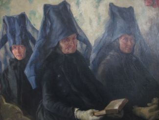 Bild Gemälde - Karl Mons - Drei Schwälmerinnen in der Schönber Kapelle Röllshausen