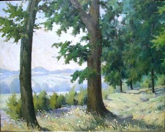 Bild Gemälde - Heinrich Ohlwein- Blick durch den Waldrand auf die Berge bei Kassel