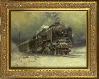 Bild Gemälde Jaroslav Ronek, Dampflokzug in voller Fahrt