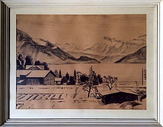 Bild Gemälde - Karl Schlageter - Häuser, See , Berge