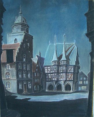 Bild Gemälde - Meister vom Alsfelder Rathaus - Alsfelder Rathaus mit städtischem Weinhaus bei Vollmond