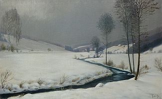 Bild Gemälde - Fritz Wolf - Winterliches Tal mit Bachlauf wohl bei Fulda