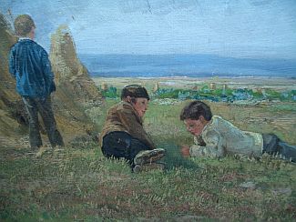 Bild Gemälde - Emil Zimmermann - Drei Jungen am Strohhaufen wohl auf der Hochebene bei Willingshausen